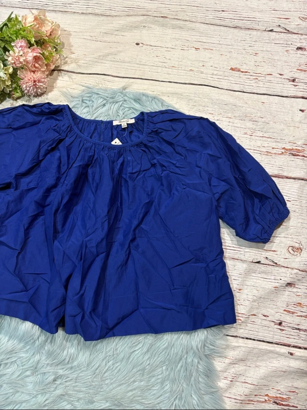 NWT Madewell Bright Blue Shirred Puff-Sleeve Cotton Silk Blend Top